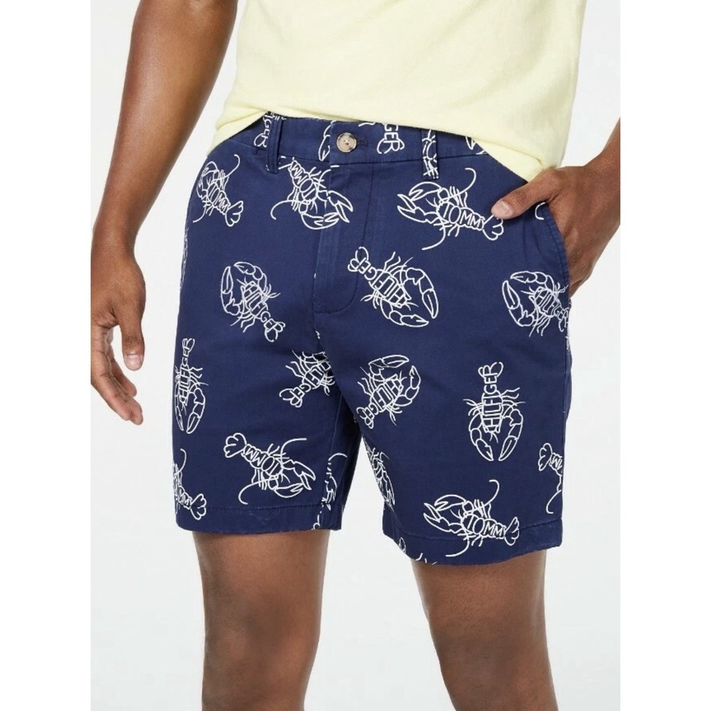 Tommy Hilfiger Men's Navy Blue Lobster Print Chino Shorts Size 34 Preppy Coastal
